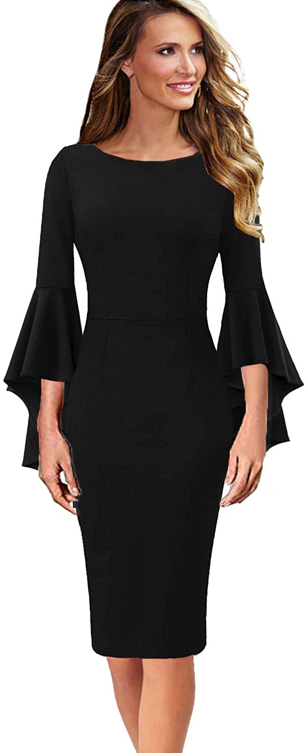 VFSHOW Womens Ruffle Bell Sleeves Business Cocktail Party Bodycon ...