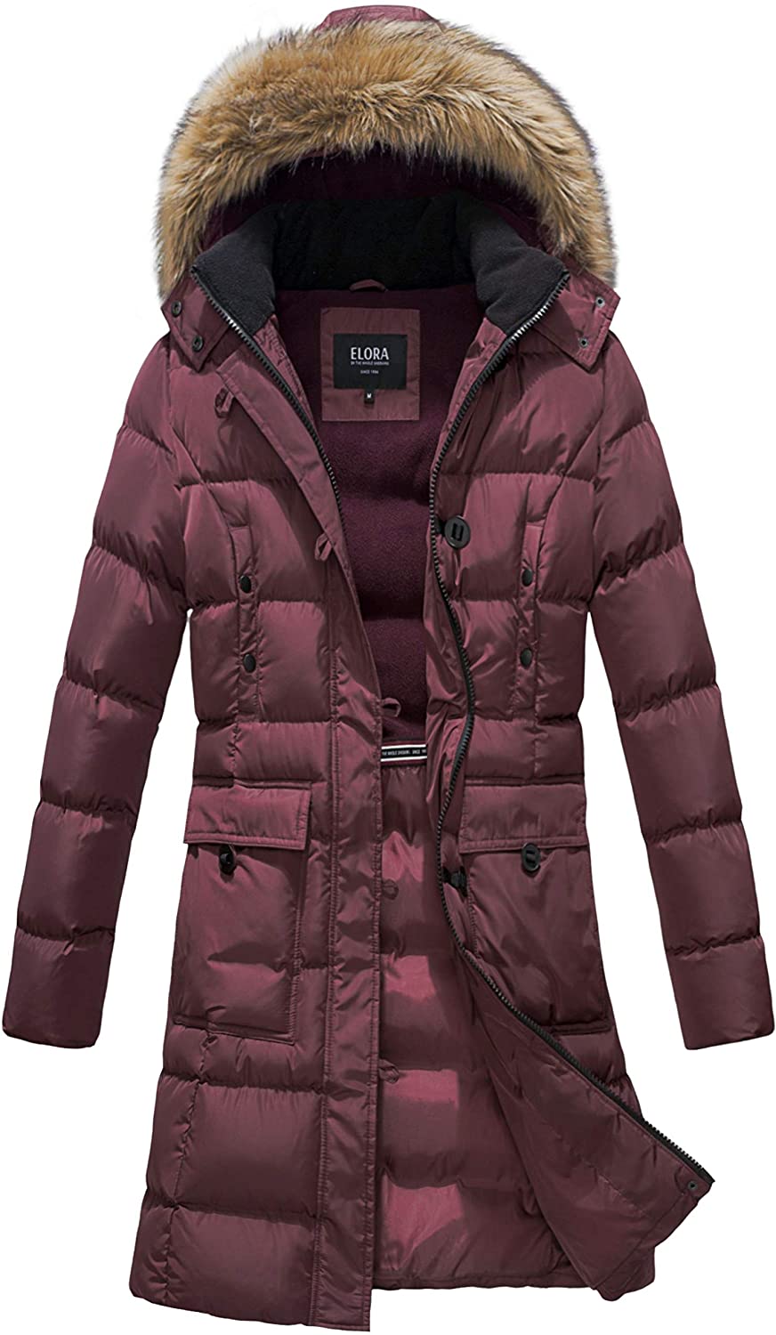 ELORA Womens Winter Maxi Puffer Long Length Coat Fur Trim Removable Hood