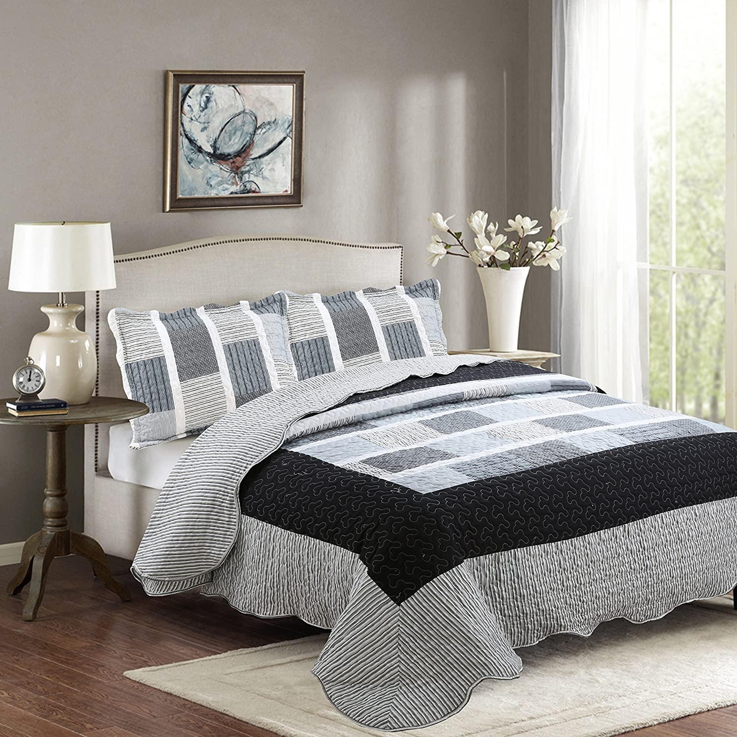Details about   Mk Collection 3pc King/California King Reversible Bedspread Coverlet Set Strippe 