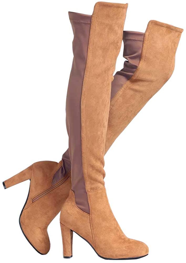 Shoe'N Tale Women Stretch Suede Chunky Heel Thigh High Over The Knee Boots 
