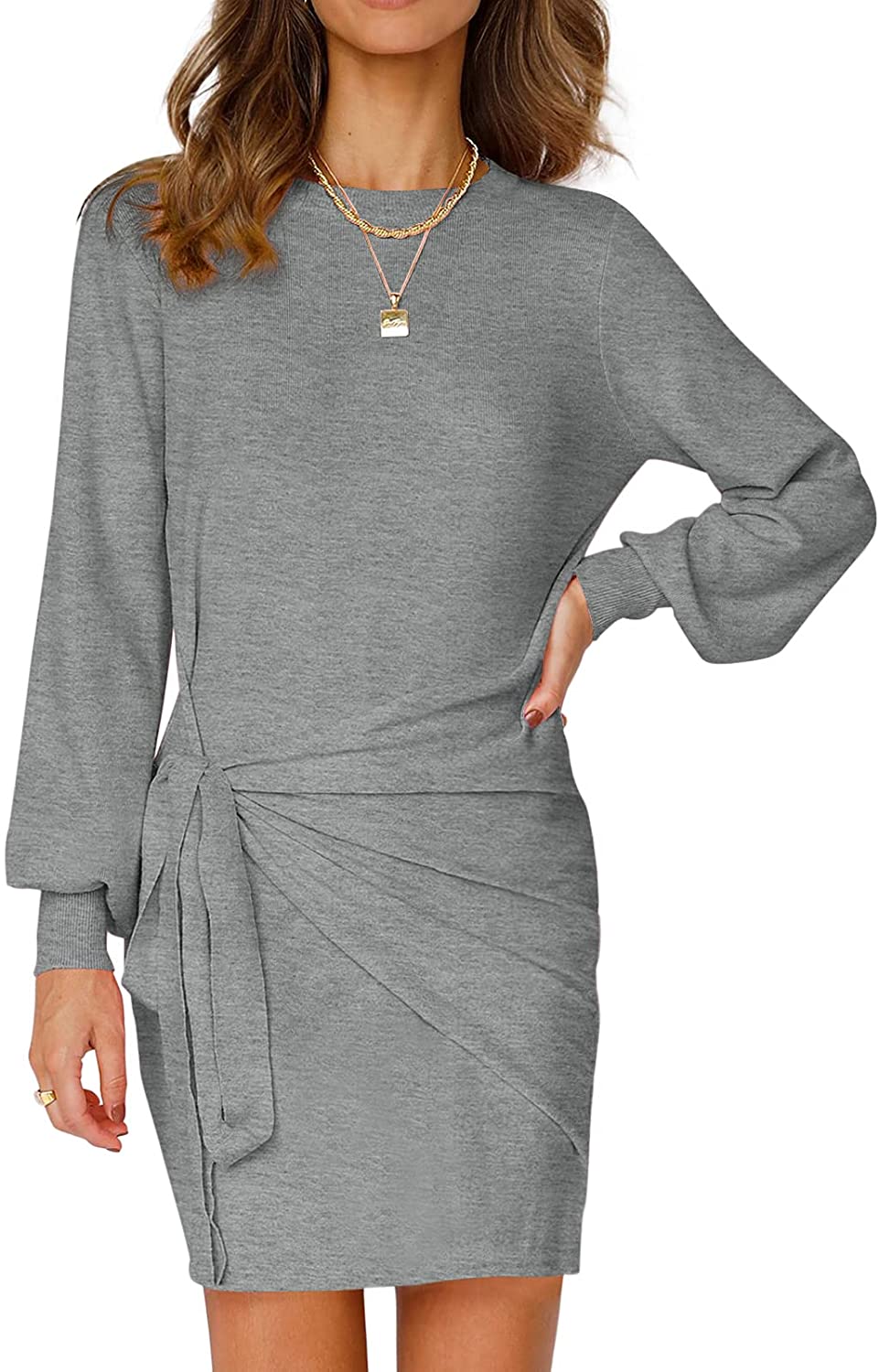 MEROKEETY Women's Puff Sleeve Tie Waist Sweater Dress Solid Color Soft  Knitted B | eBay