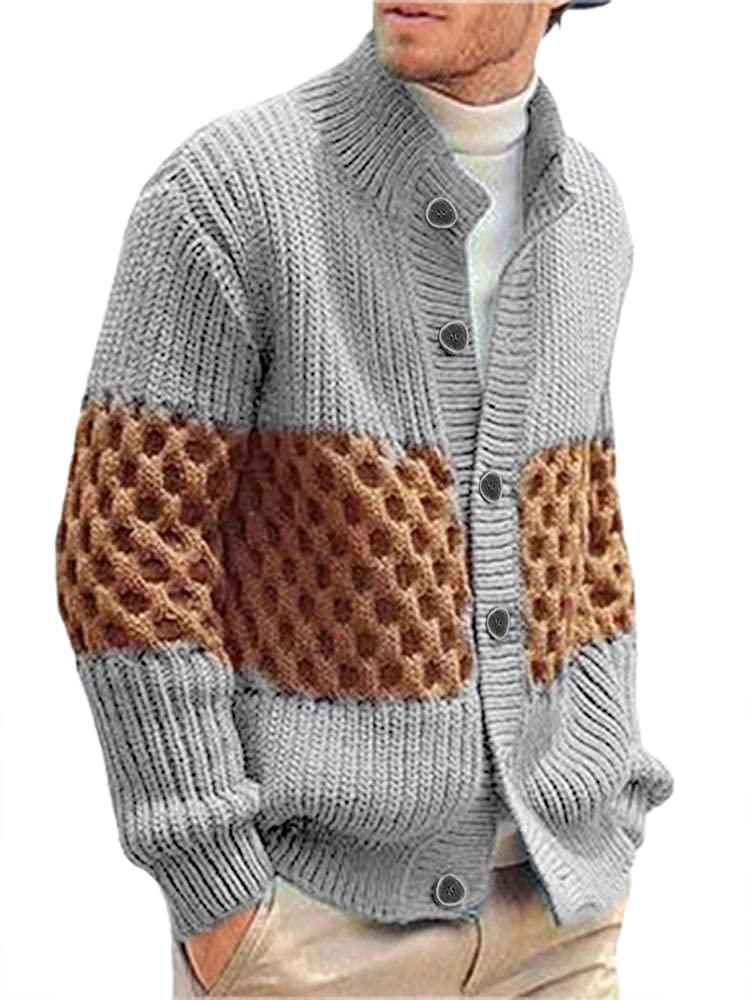 Hestenve Mens Cardigan Sweater Stand Collar Button Down Color Block Cable Knitted Chunky Cardigans 