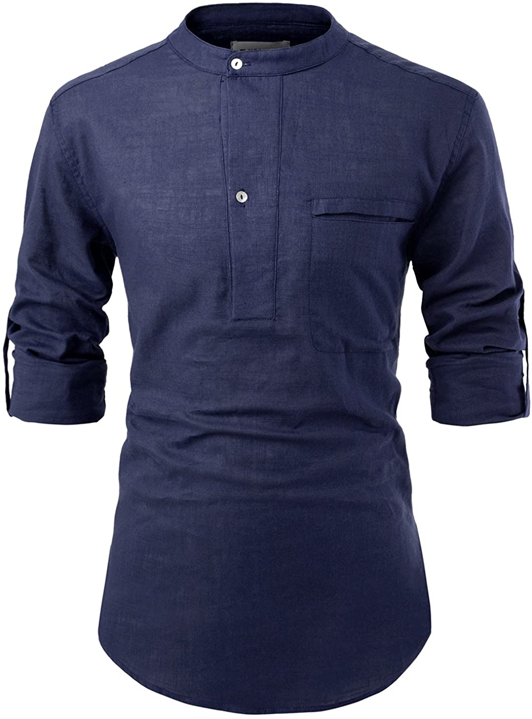 Leisurely Pace Men Henley Neck Roll Up Solid Long Sleeve Linen Band Collar Shirts 