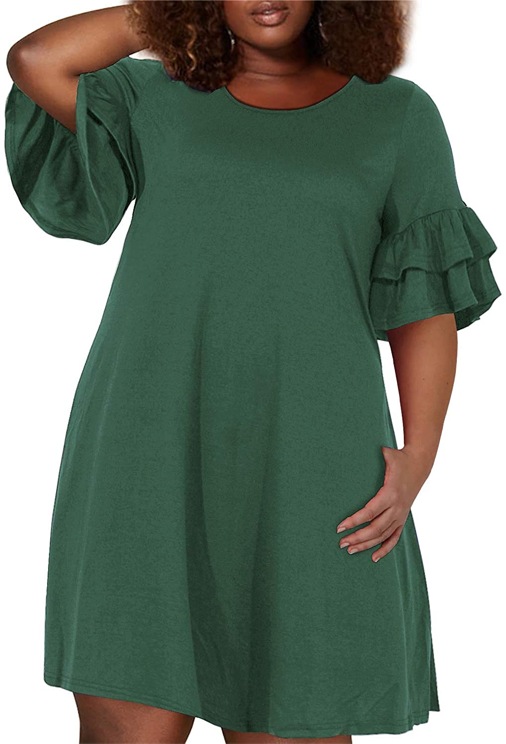 Nemidor Womens Ruffle Sleeve Jersey Knit Plus Size Casual Swing Dress with Pocket 