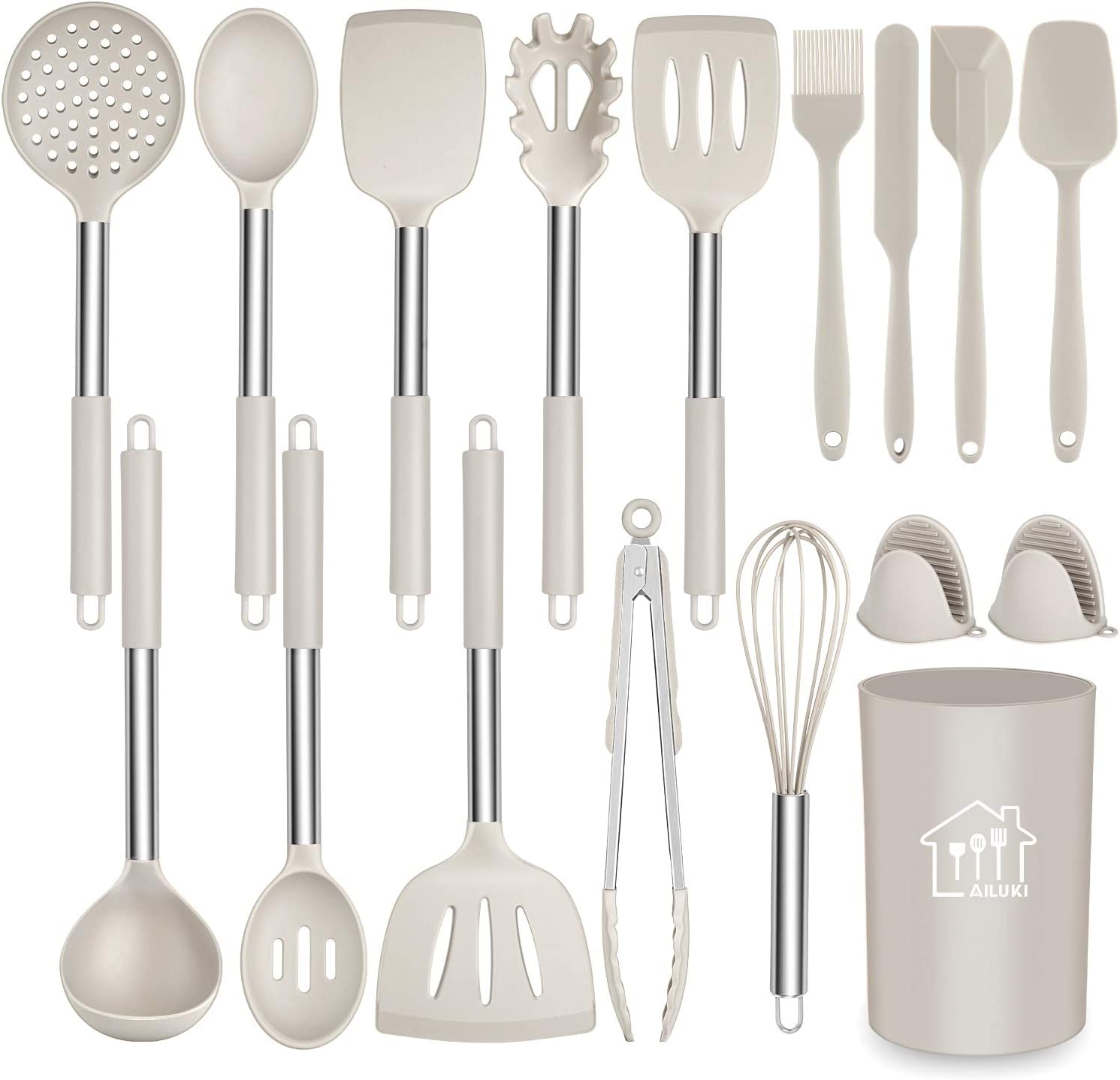 Ailuki Silicone Cooking Utensil Set,Kitchen Utensils 17 Pcs Cooking Utensils Set,Non-Stick Heat Resistant Silicone,Cookware with Stainless Steel