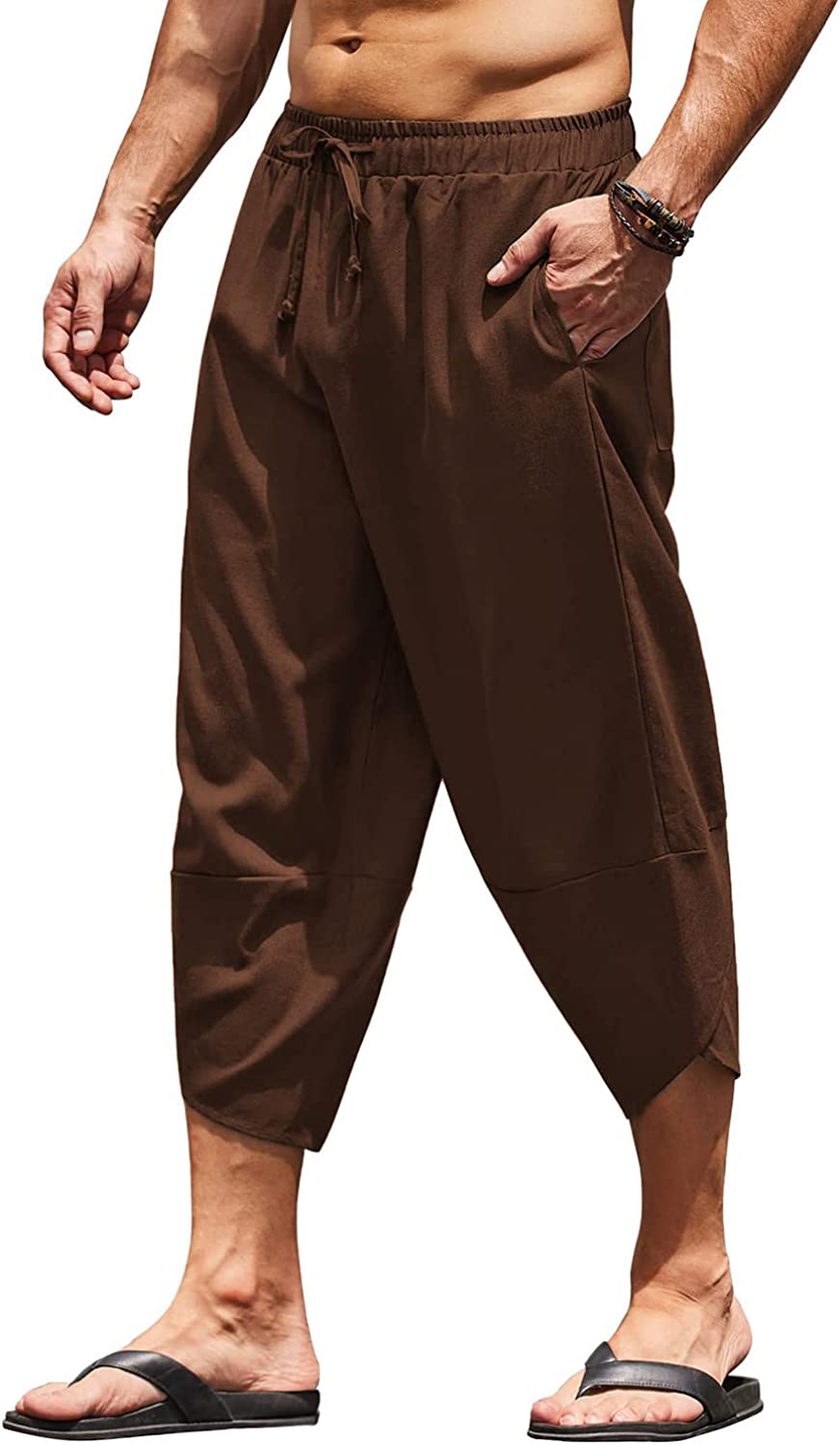 COOFANDY Men's Linen Harem Capri Pants Lightweight Loose 3/4 Shorts  Drawstring Elastic Waist Casual Beach Yoga Trousers Beige Large