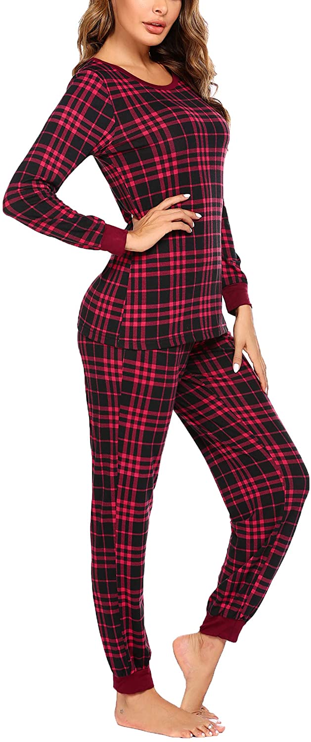 Ekouaer Women's Pajama Set Plaid Pj Long Sleeve Sleepwear Soft Contrast