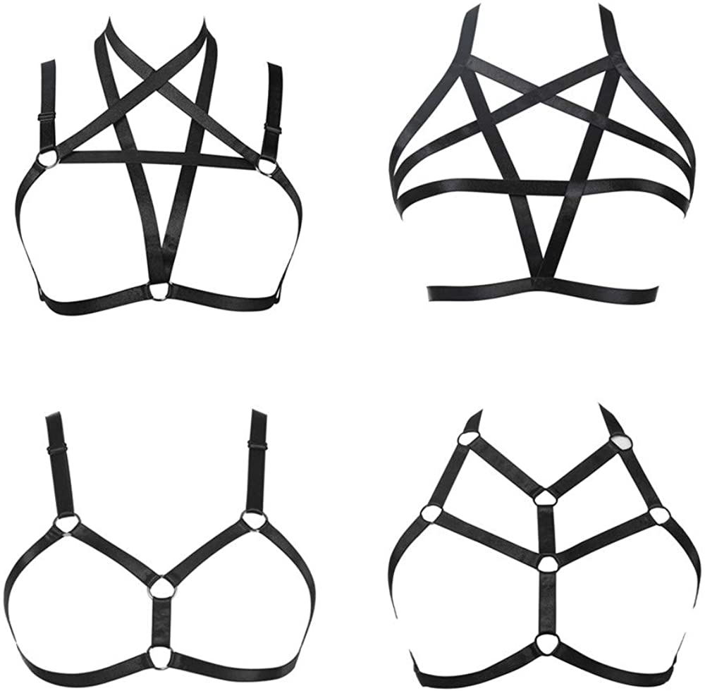 JELINDA Women Harness Elastic Cupless Cage Bra Hollow Out Strappy Crop Top