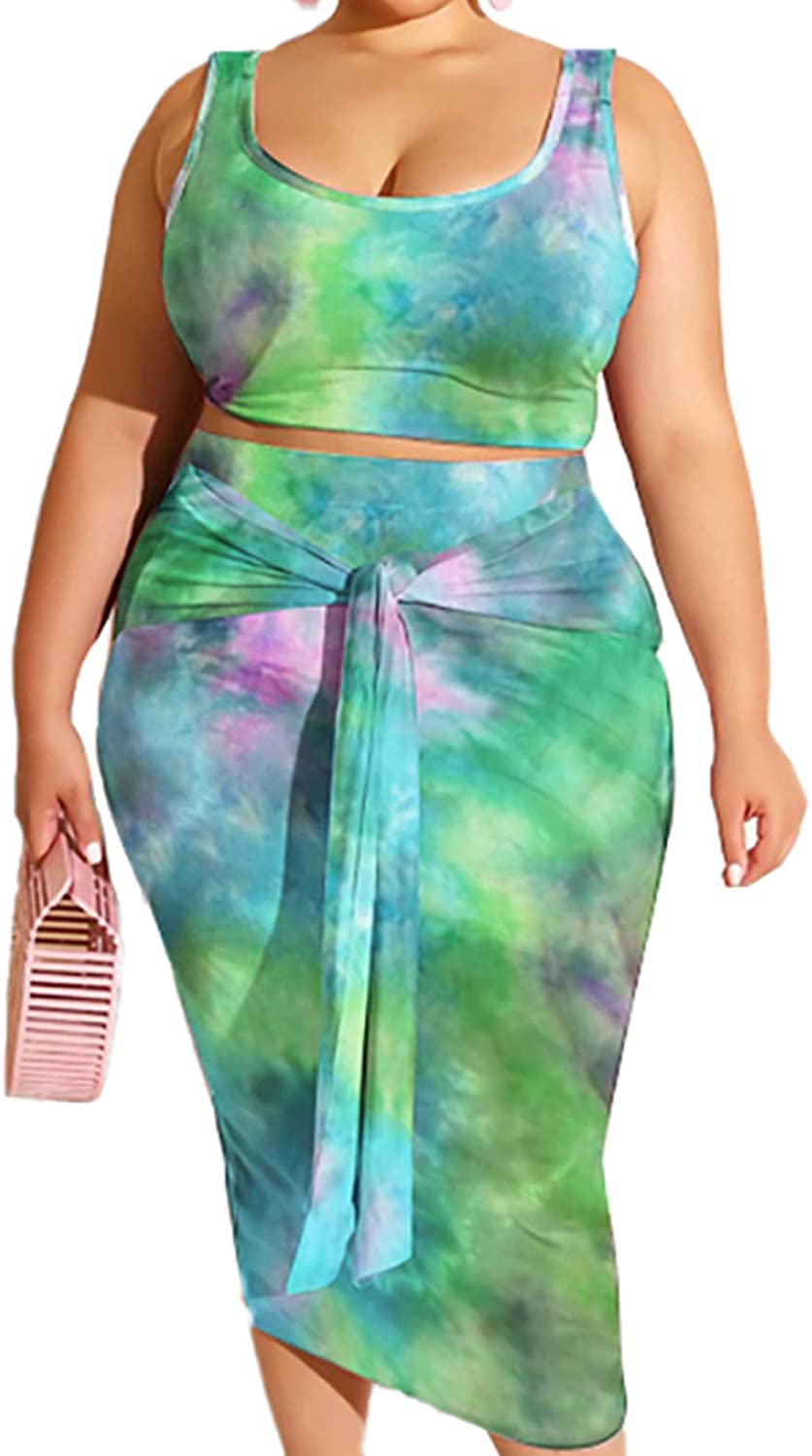 Stretchy Two Piece Dresses Bodycon Tanks Crop Top Plus Size Skirt Sets Bandage Midi Skirt Suits 
