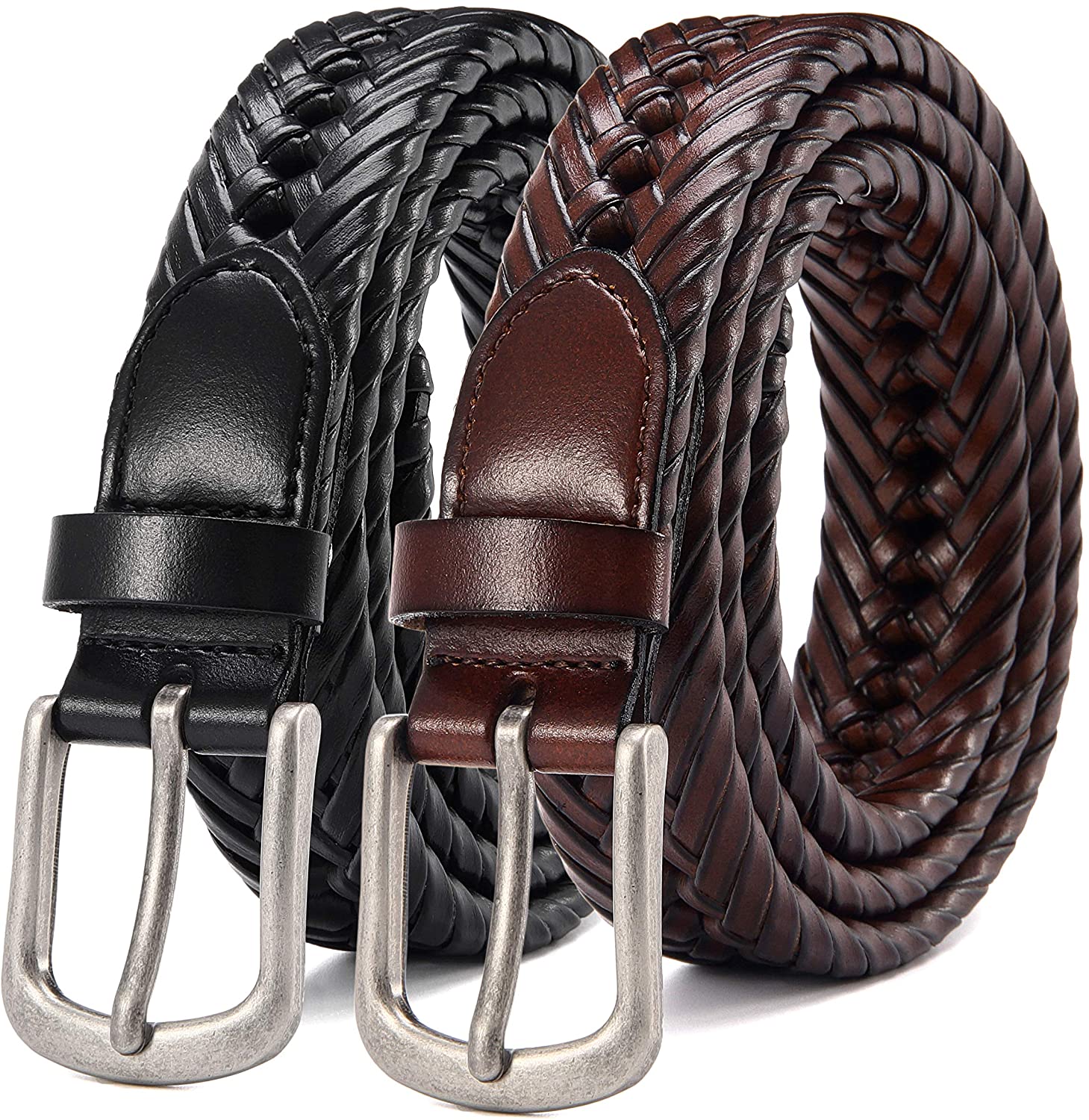 Mens Braided Leather Belt 2 Pack 1 1/4, Chaoren Braided Woven Belt for  Casual a