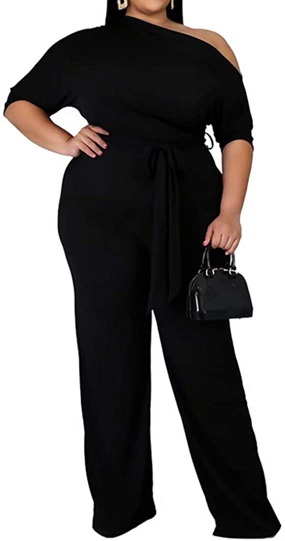 IyMoo Women's Plus Size Wide Leg Slanted One Shoulder Belted Straight  Jumpsuits