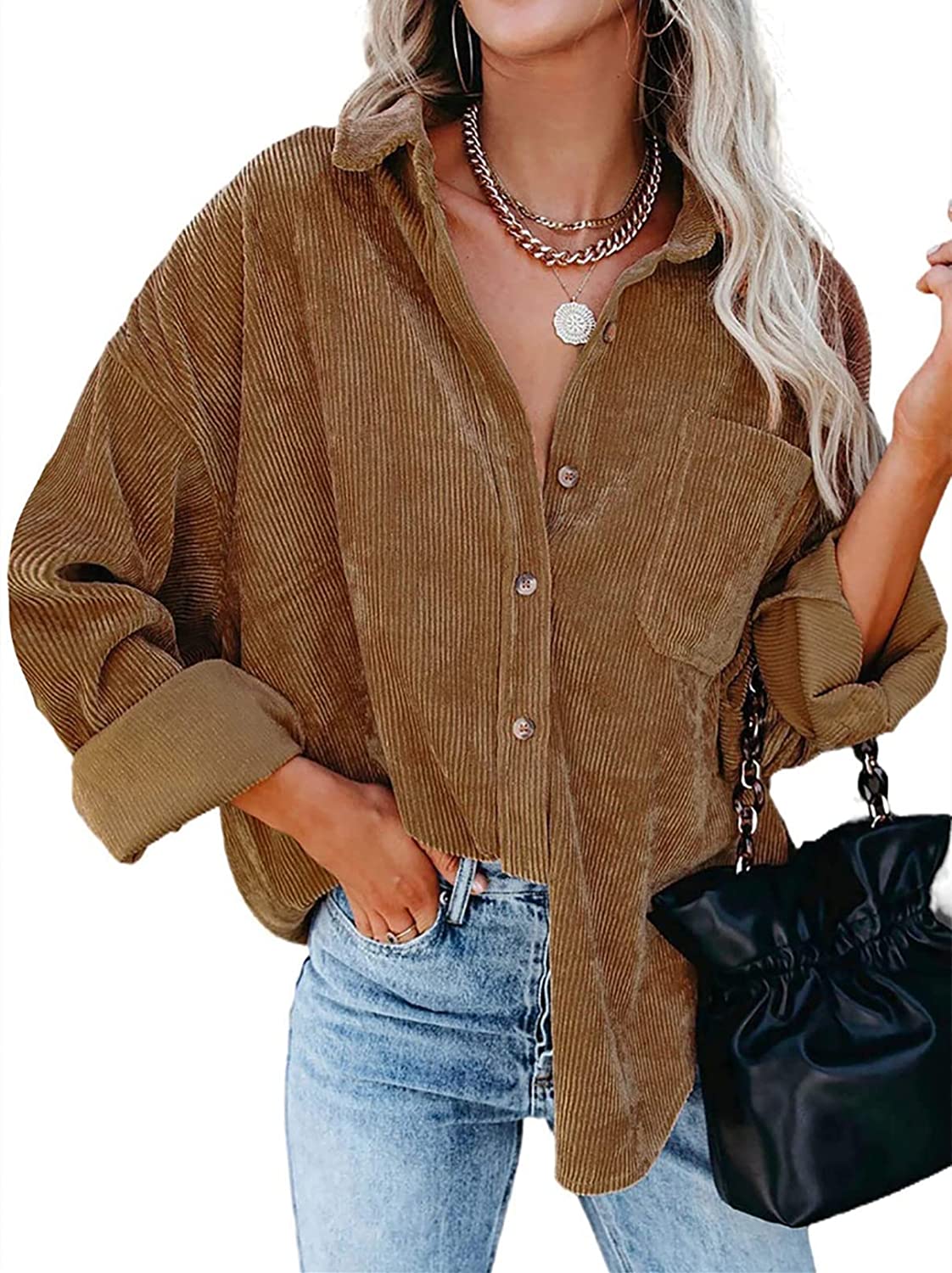 Actloe Womens Corduroy Shirt Long Sleeve Oversized Button Down Blouses Tops Loose Casual Jacket with Pockets 