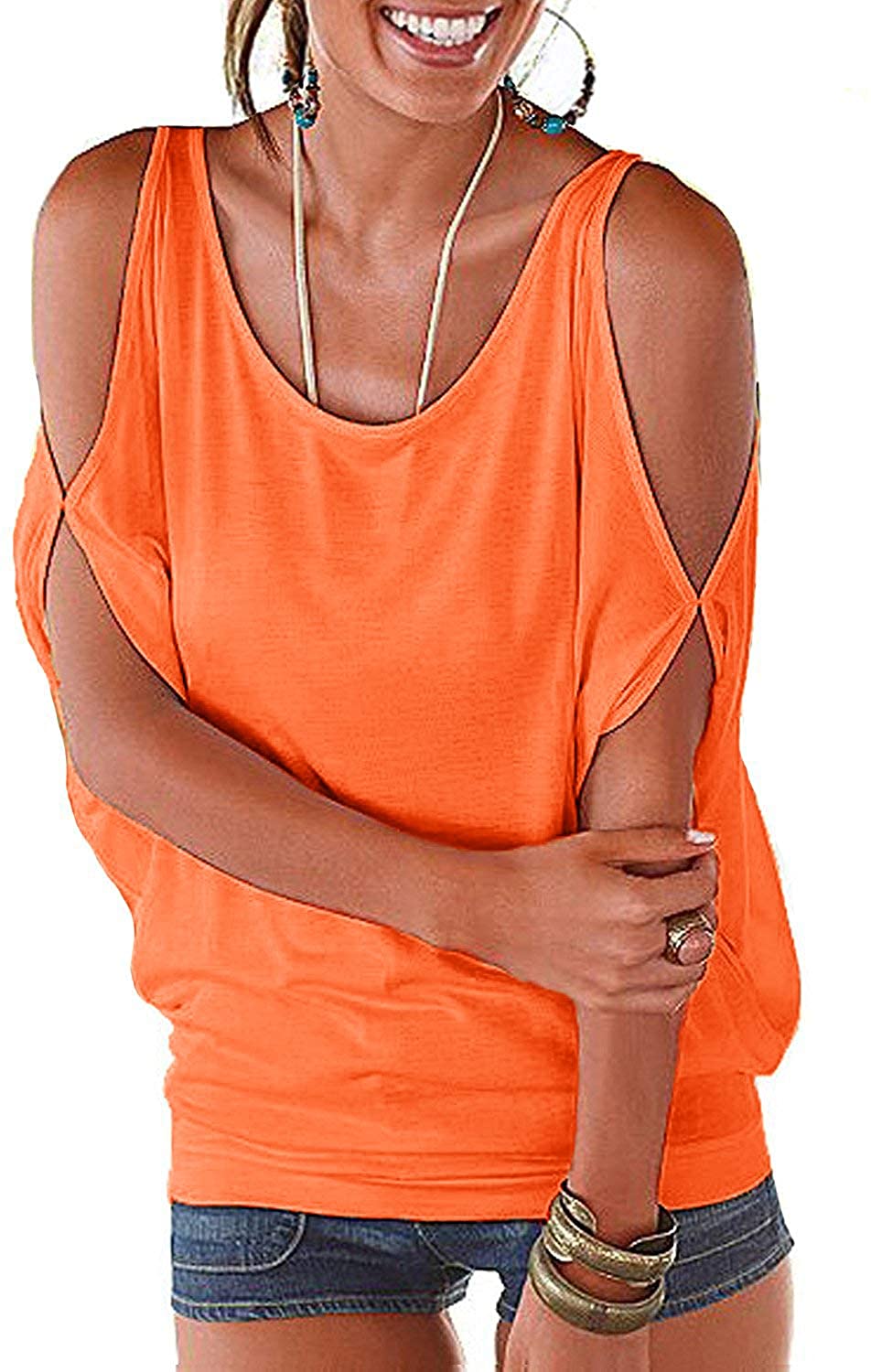 Miselon Women Cold Shoulder O-Neck Short Sleeve Loose Fit Summer Shirt Blouse Tops