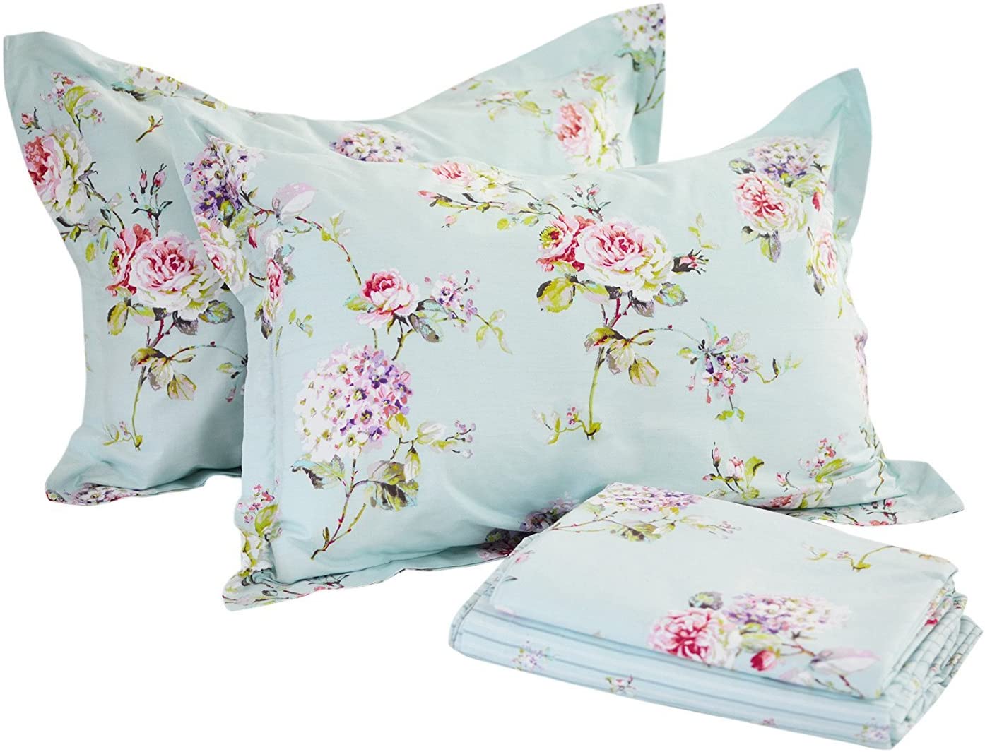 FADFAY Shabby Pink Floral 4 Piece Bed Sheet Set 100% Cotton Deep Pocket-Queen