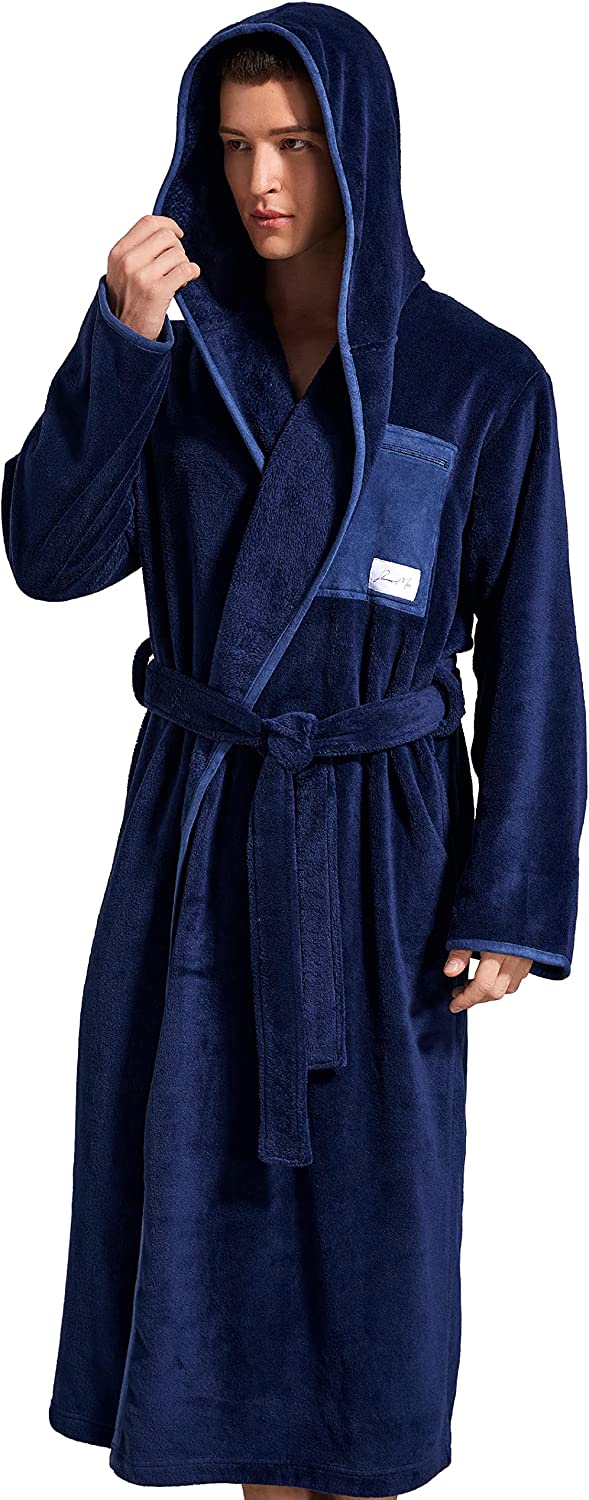 SlumberMee Mens Fleece Plush Robe with Hood Ultra Soft Fluffy Full Length Long with Pockets Luxurious House Coat