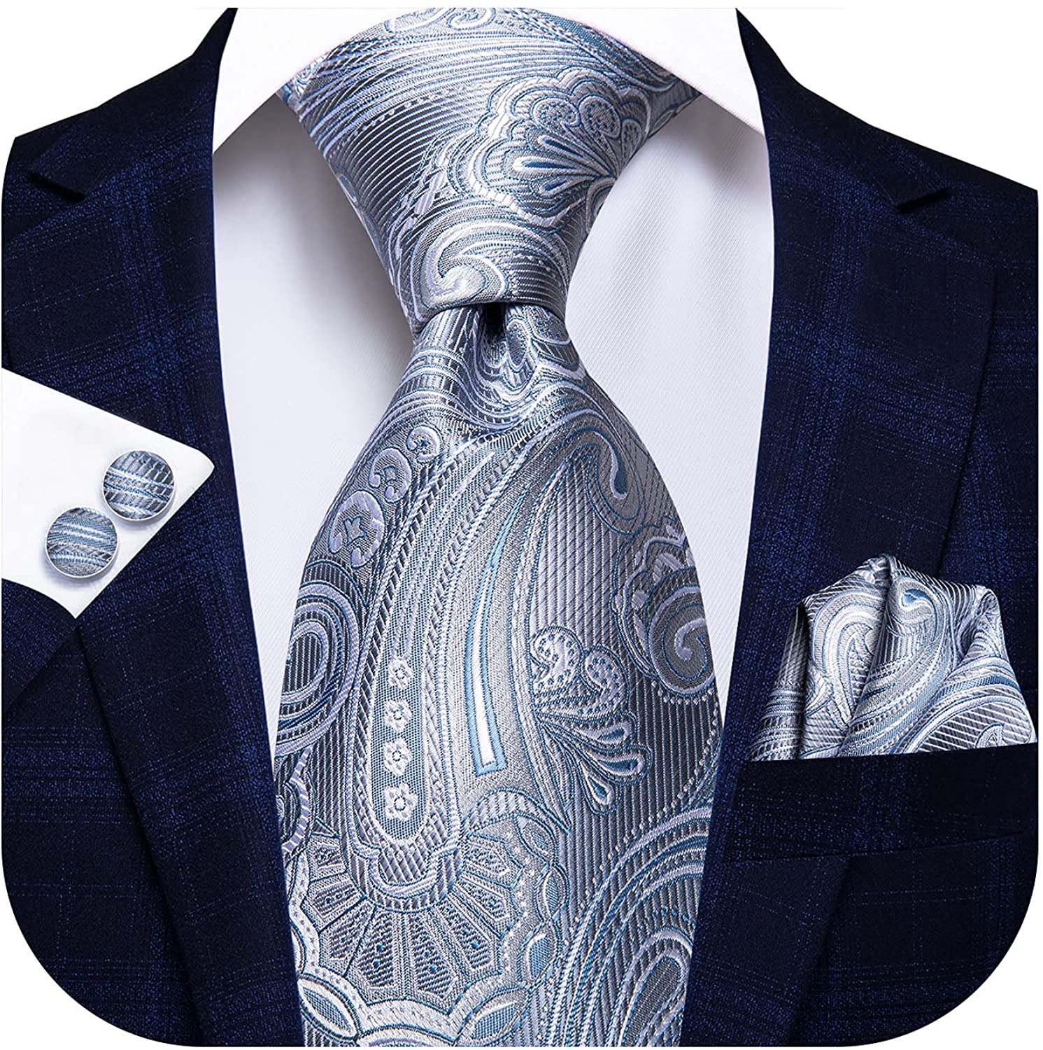 Tie Cufflinks Pocket Square Set Silver Pink Blue Paisley Handmade 100% Silk