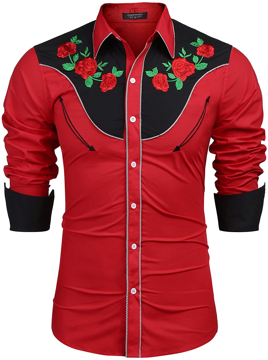 COOFANDY Men's Embroidered Rose Design Western Shirt Long Sleeve 