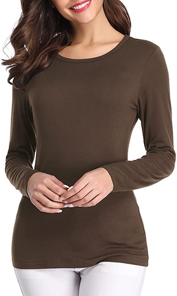 Fuinloth Women's Basic Long Sleeve T Shirts, Crewneck Slim Fit Spandex Tops,  Pla