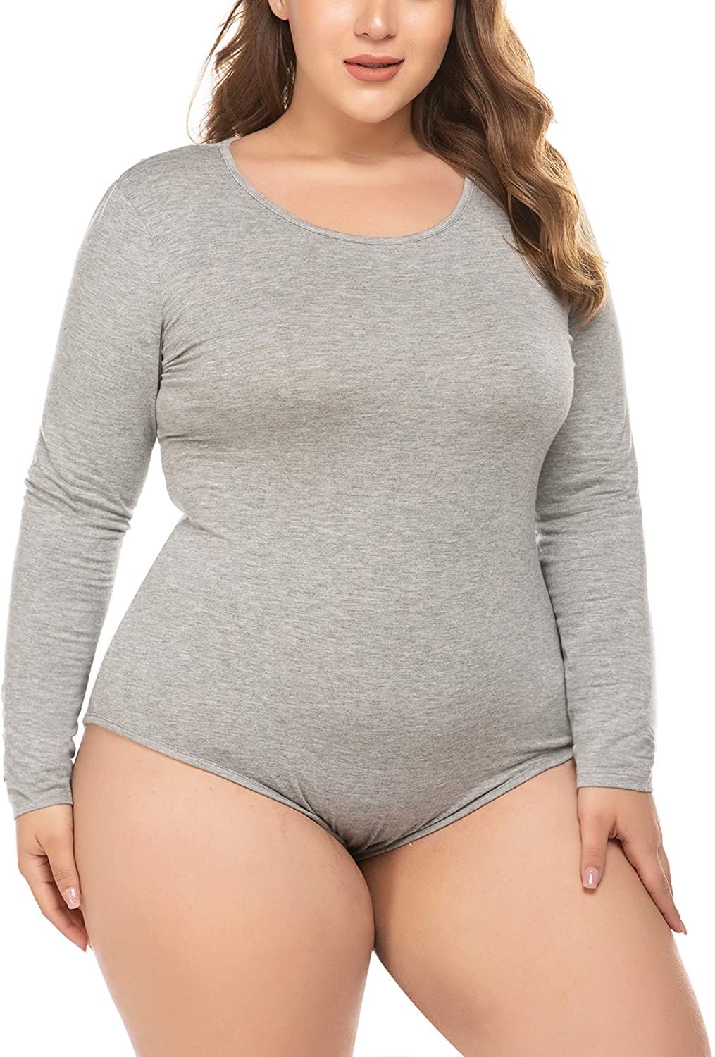 IN'VOLAND Womens Plus Size Bodysuit Long Sleeve Stretchy Leotard Scoop Neck  Top
