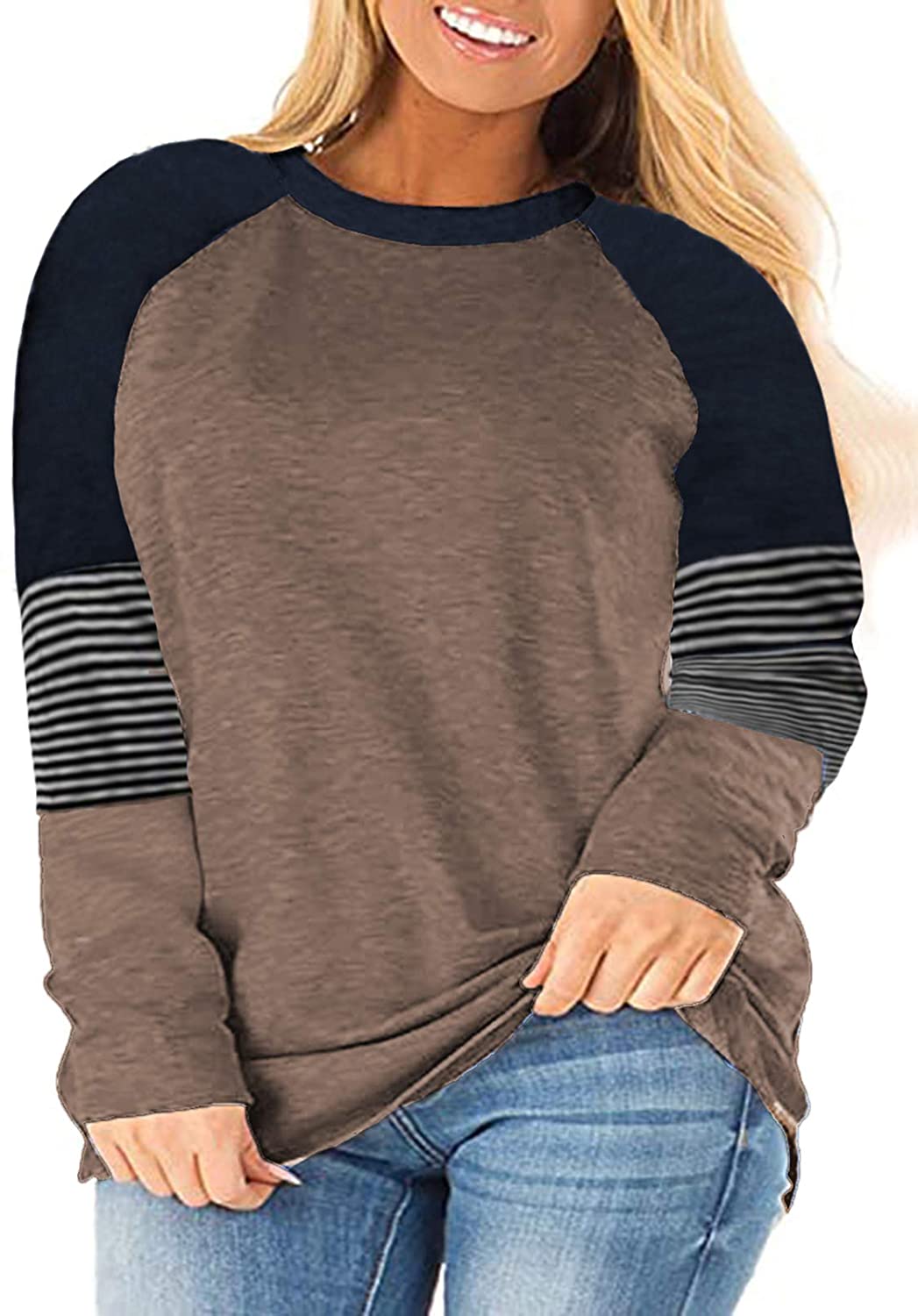 ROSRISS Womens Plus Size Long Sleeve Tunic Crewneck Colorblock Striped Tee Shirt 