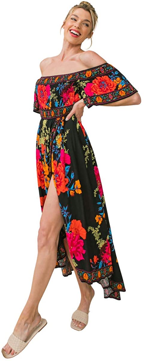 Hi Low Hem Tropical Floral Smocked Dress Bohemian Off Shoulder Maxi Dress