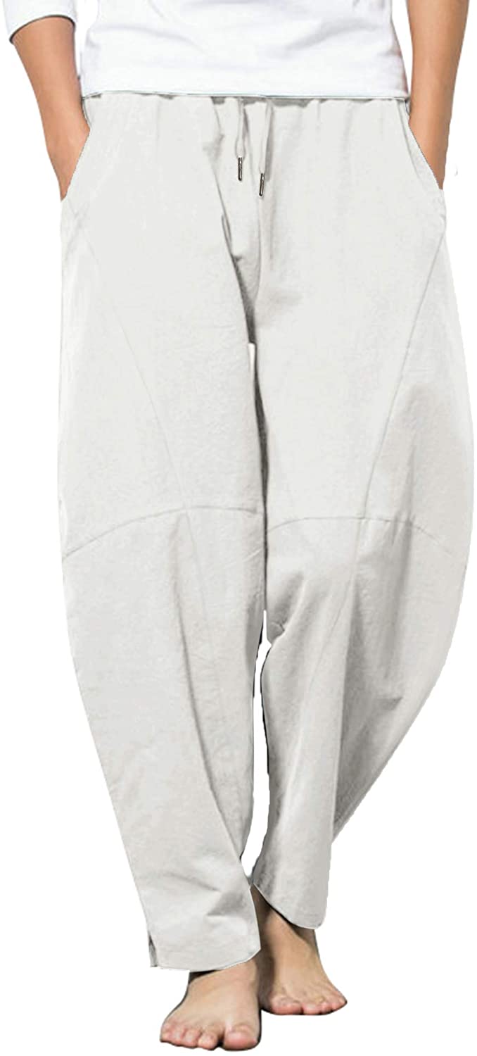 COOFANDY Men's 2 Pieces Linen Set Henley Shirt Short Sleeve and Harem Capri Pants Wide Leg Baggy Beach Yoga Trousers Outfits 