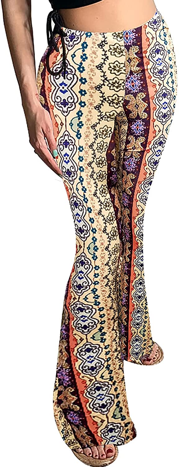 Women High Waisted Fit Flare Ethnic Paisley Floral Bell Bottoms Yoga Pants  Flare