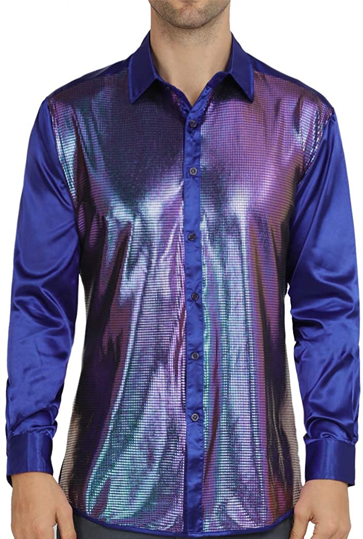 WULFUL Men Dress Shirt Sequins Long Sleeve Button Down Shirt Luxury ...