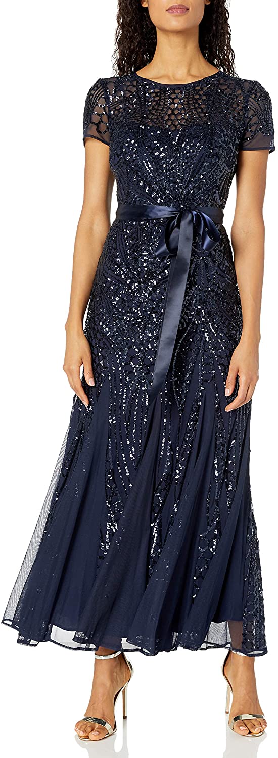 R&M Richards Women's One Piece Short Sleeve Embelished Sequins Gown