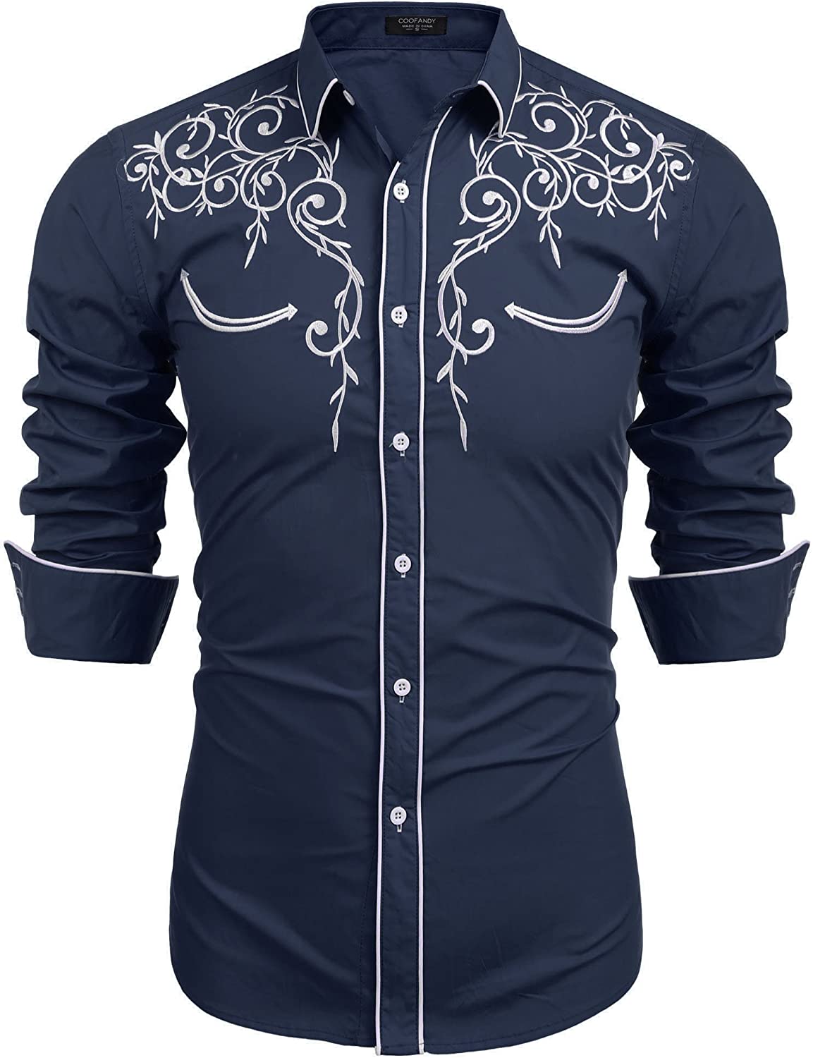 COOFANDY Mens Irregular Hem Slim Fit Button Down Dress Shirt Embroidered Casual Long Sleeve Cotton Shirt