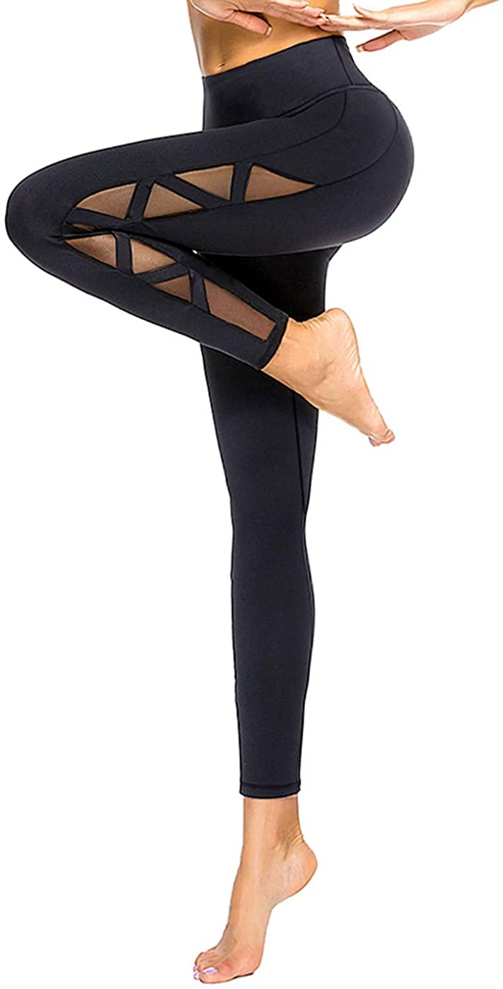 romansong Women's Mesh Leggings Yoga Pants with Pocket, Non See-Through  Capri Hi