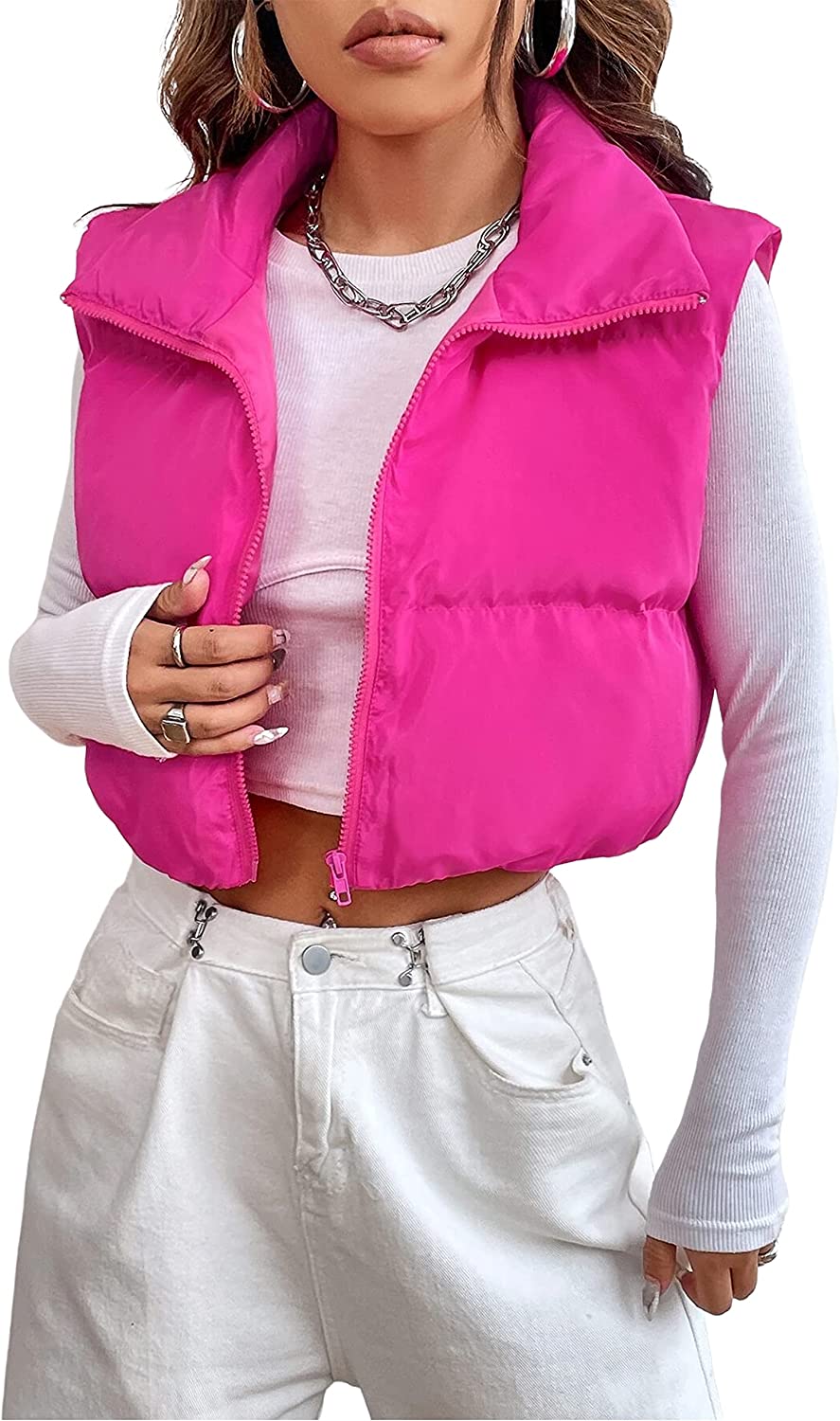 Daacee Women's Lightweight Winter Crop Puffer Vest Warm Sleeveless Zip  Up Stand