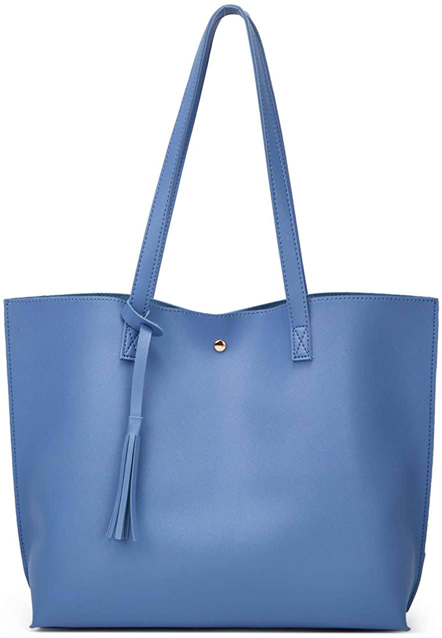 Light Blue Horizontal Soft Leather Tote Bag for Women