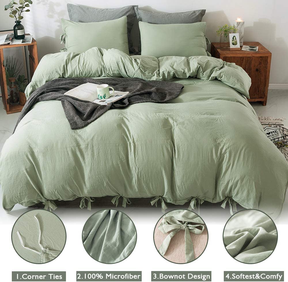 Annadaif Green Duvet Cover Queen(90x90 Inch)，3 Pieces Soft Washed Cotton Bowknot eBay