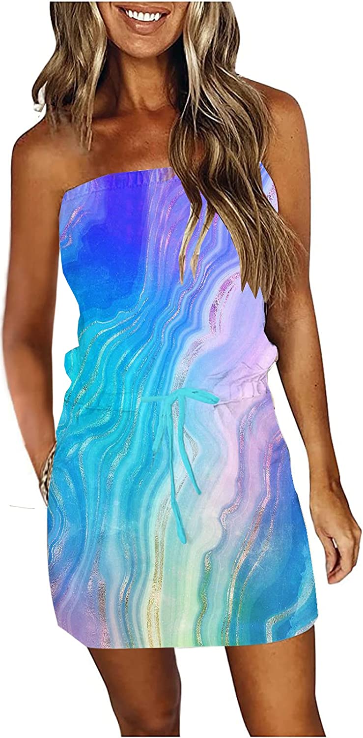 SAUKOLE Summer Dress for Women Strapless Beach Cover Ups Boho Sundress ...