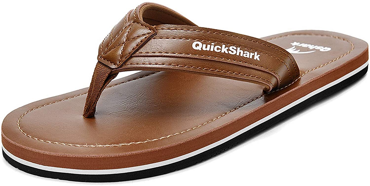 Quickshark Mens Leather Flip Flops Handmade Thong Sandals Beach Slippers Cushion Footbed 