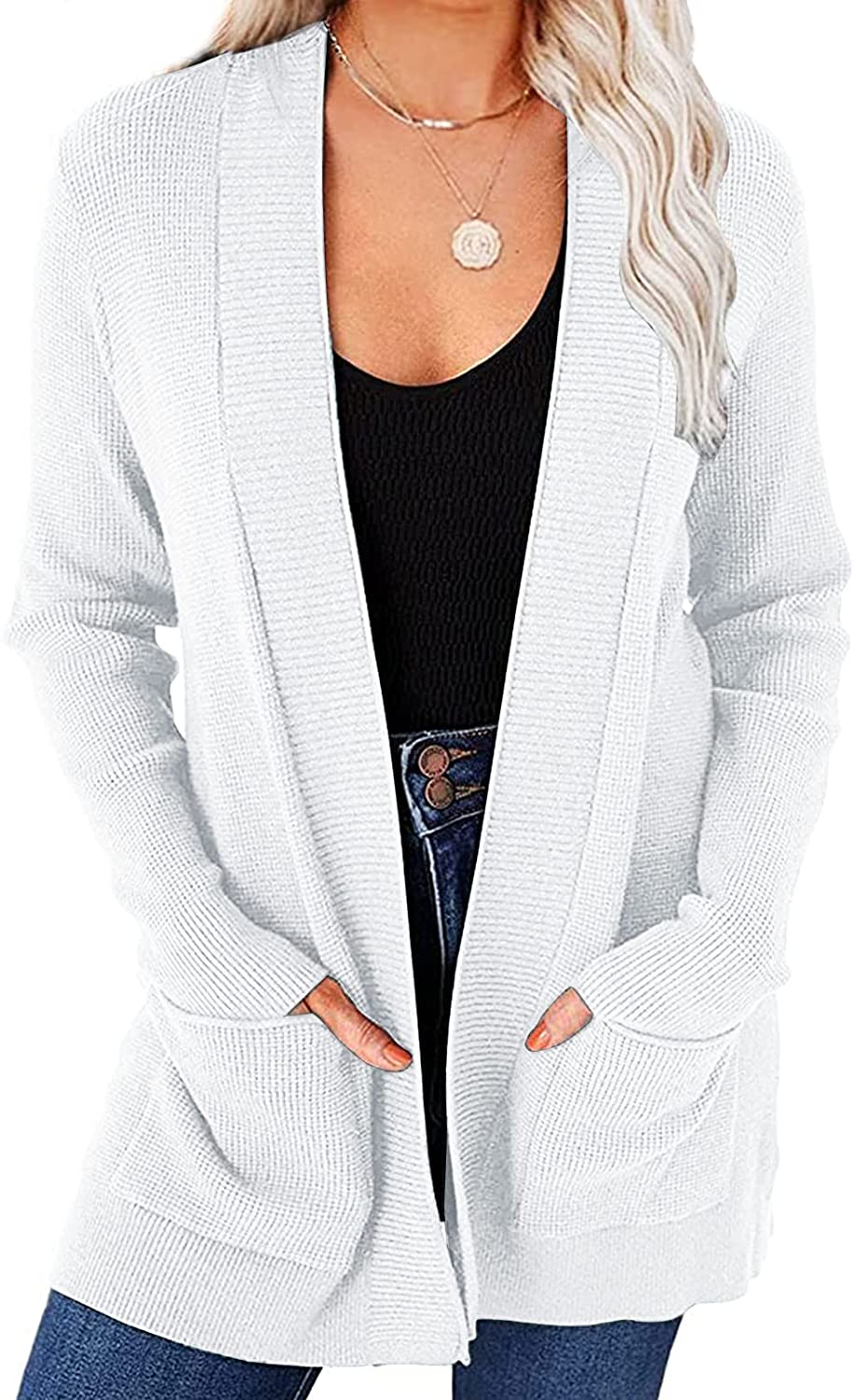 PIIRESO Women's Long Sleeve Waffle Knit Cardigan Open Front Casual Fall Sweaters with Pockets 