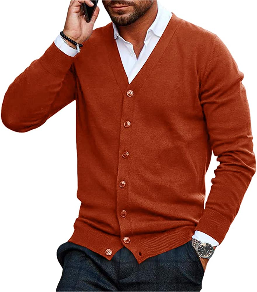 Hestenve Mens Cotton Button Down Cardigan V Neck Basic Designed Knitted Sweater 
