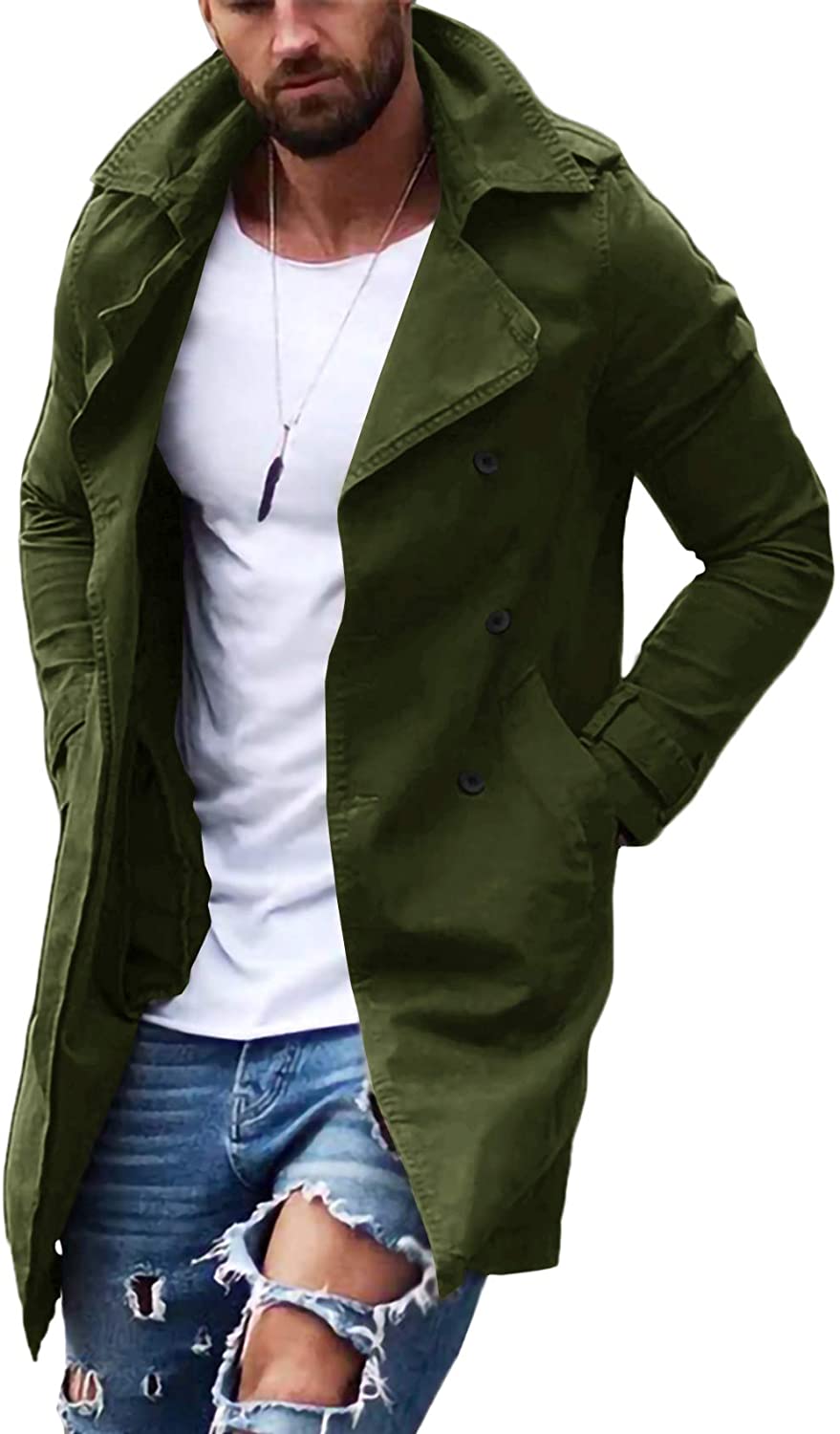 Mens Trench Coat Slim Fit Double Breasted Long Jacket Notched Lapel Belt Fall Windproof Coat 