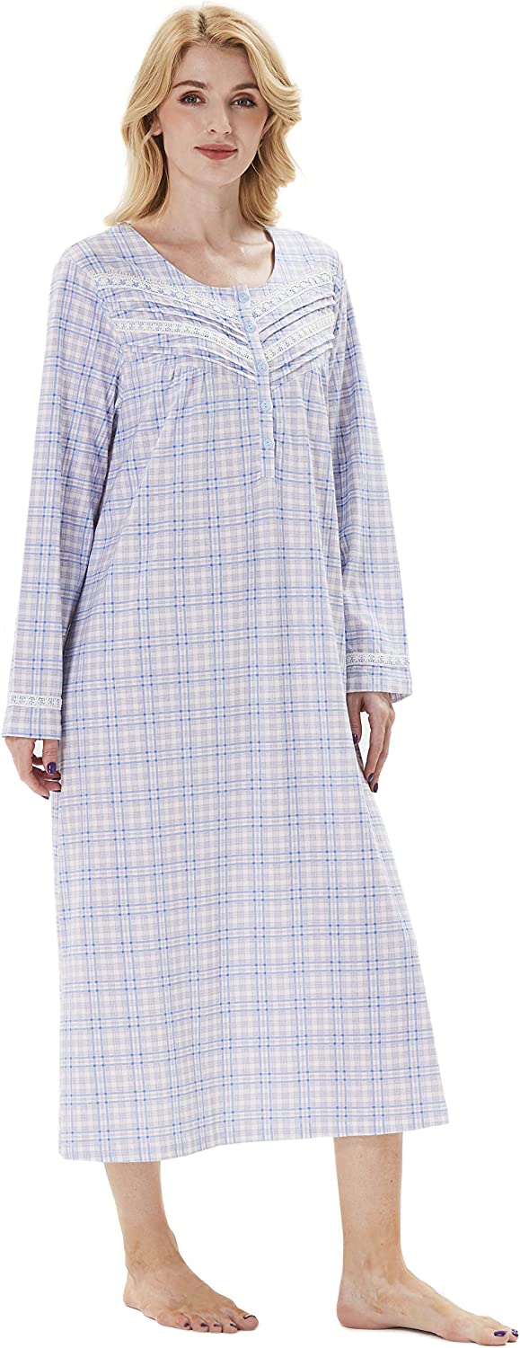 Keyocean Nightgowns for Women, 100% Cotton Blue Floral Print Long Sleeves  Long Nightgowns K18015 - Keyocean Cotton Nightgowns for Women