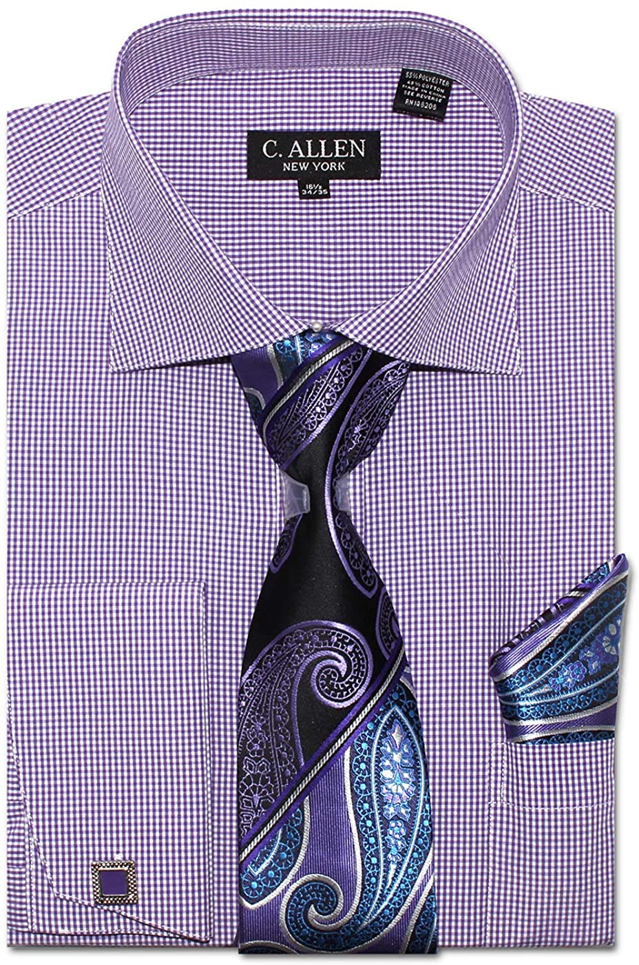 Men's Solid Square Pattern Regular Fit French Cuffs Dress Shirts with Tie Hanky Cufflinks Combo 