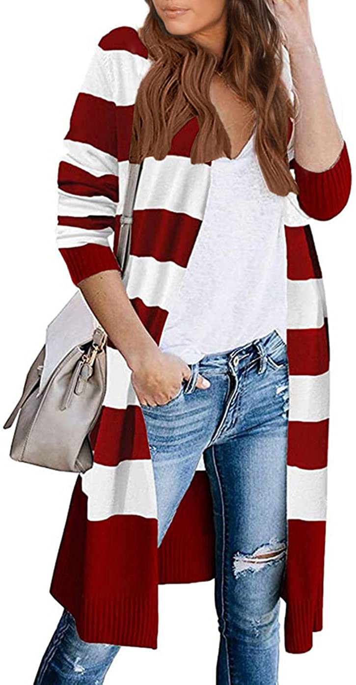 KIRUNDO Women’s Open Front Cardigan Striped Color Block Long Sleeve Lightweight Fall Long Knit Cardigan Sweater Outwear 