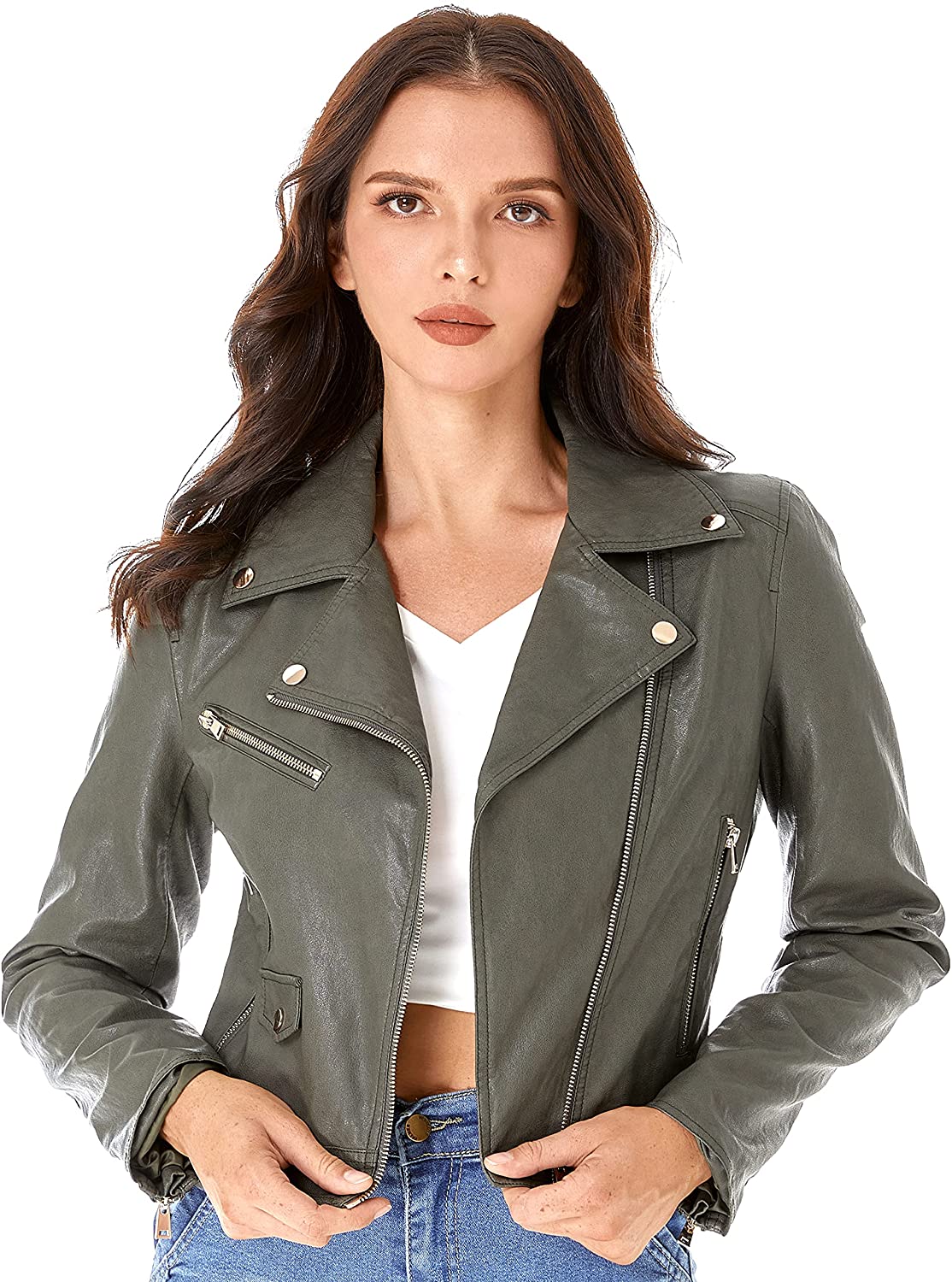 DIASHINY Women Faux Leather Jacket PU Slim Zip Up Moto Biker Coat Motorcycle Outwear 