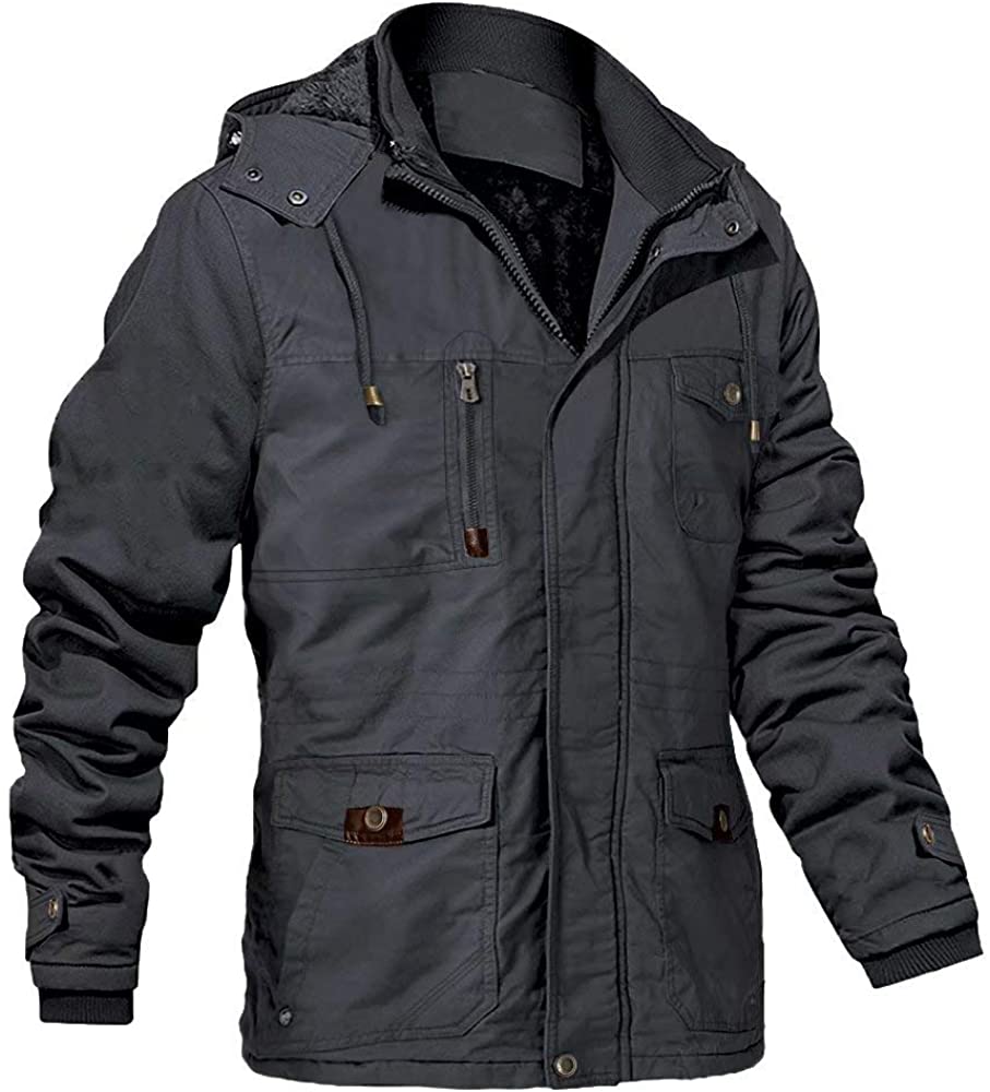 Mens Cotton Bomber Military Jacket Multi-Pocket Removable Hooded 