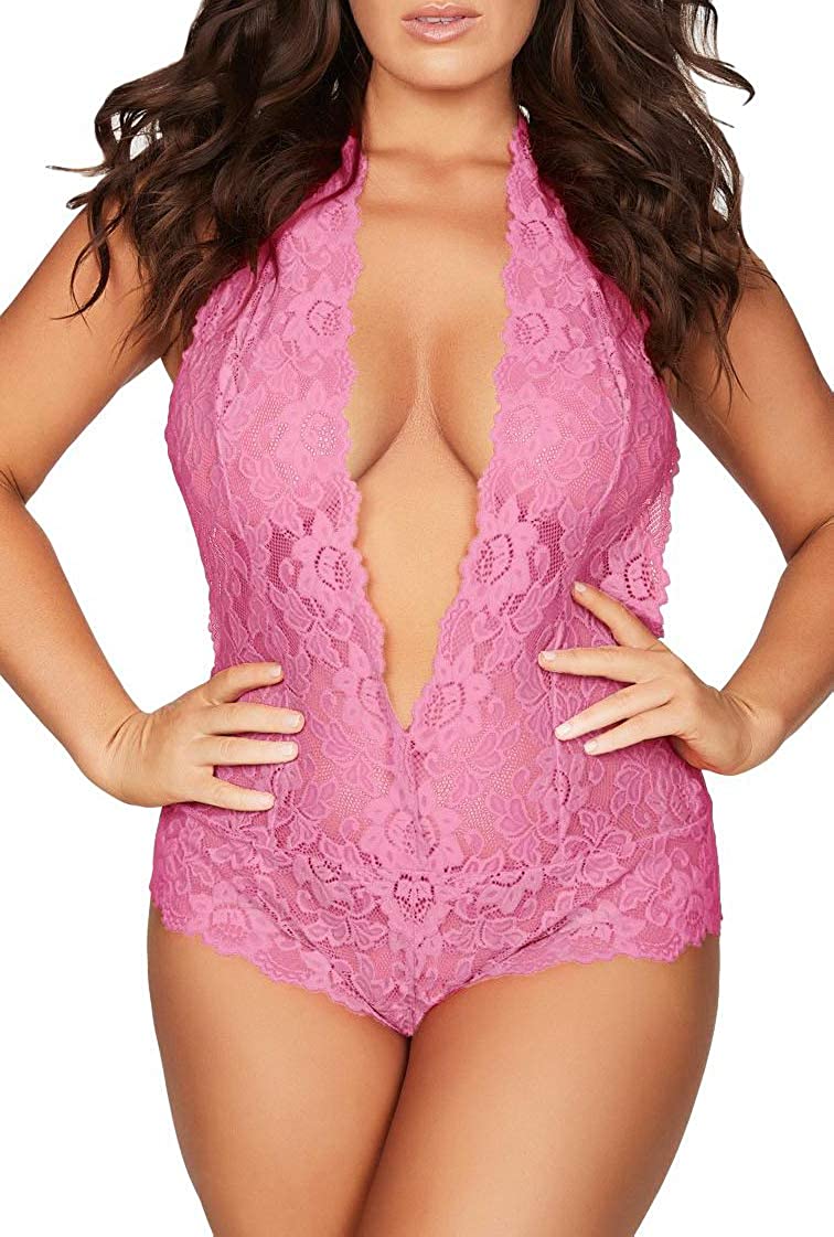 Ella Lust Lingerie for Women Plus Size, Sexy Open Back Halter Plunging  Teddy One Piece Scalloped Trim Lace Bodysuit