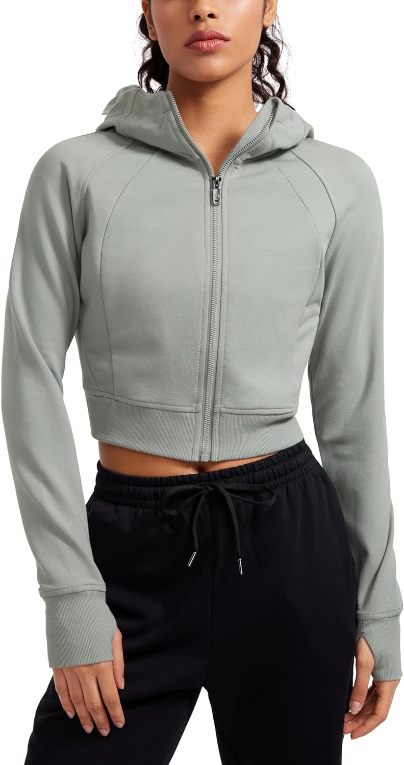 CRZ YOGA Womens Fleece Zip Up Cropped Hoodie Workout Jacket