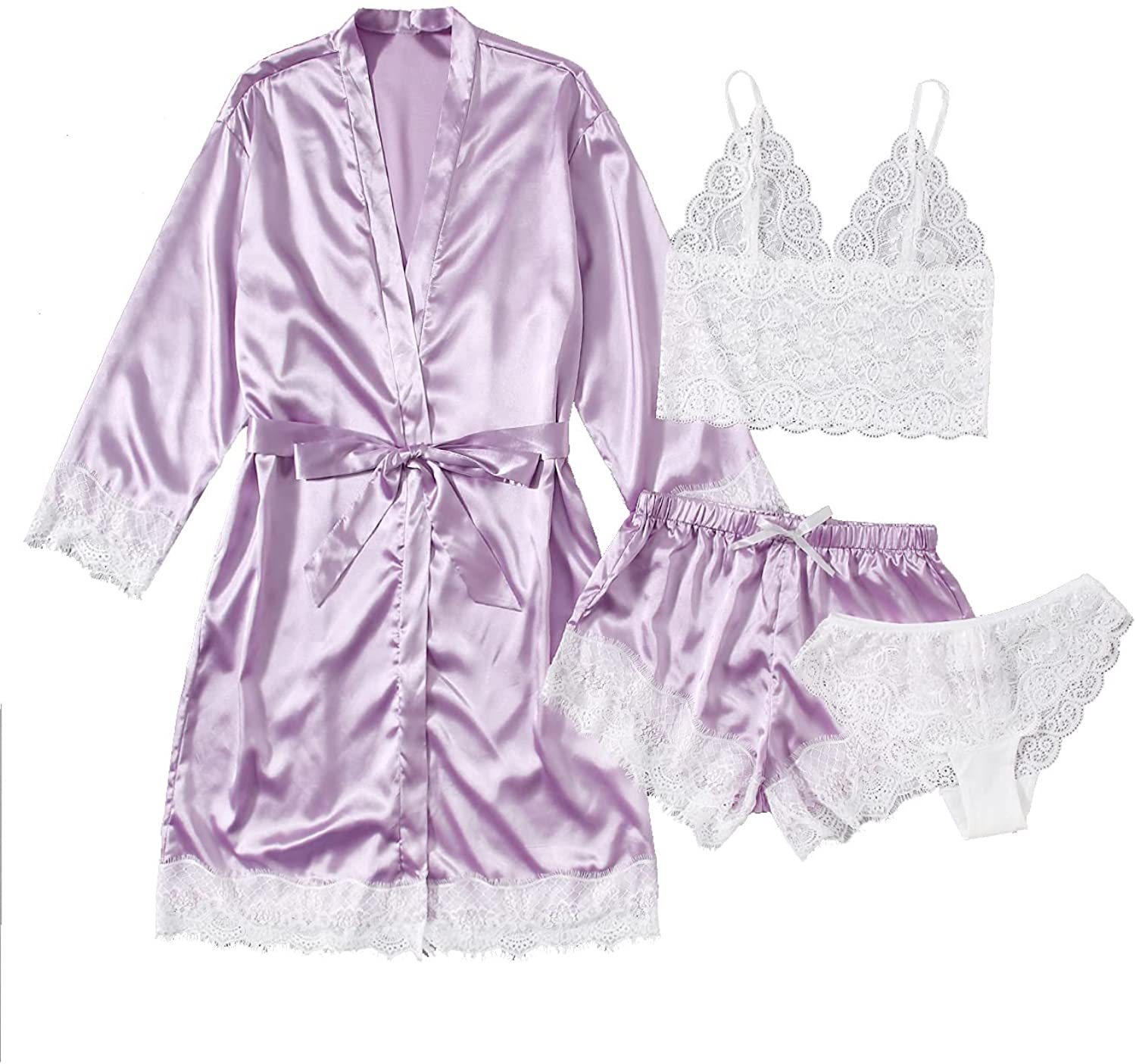SOLY HUX Women's Sleepwear 4pcs Floral Lace Trim Satin Cami Pajama