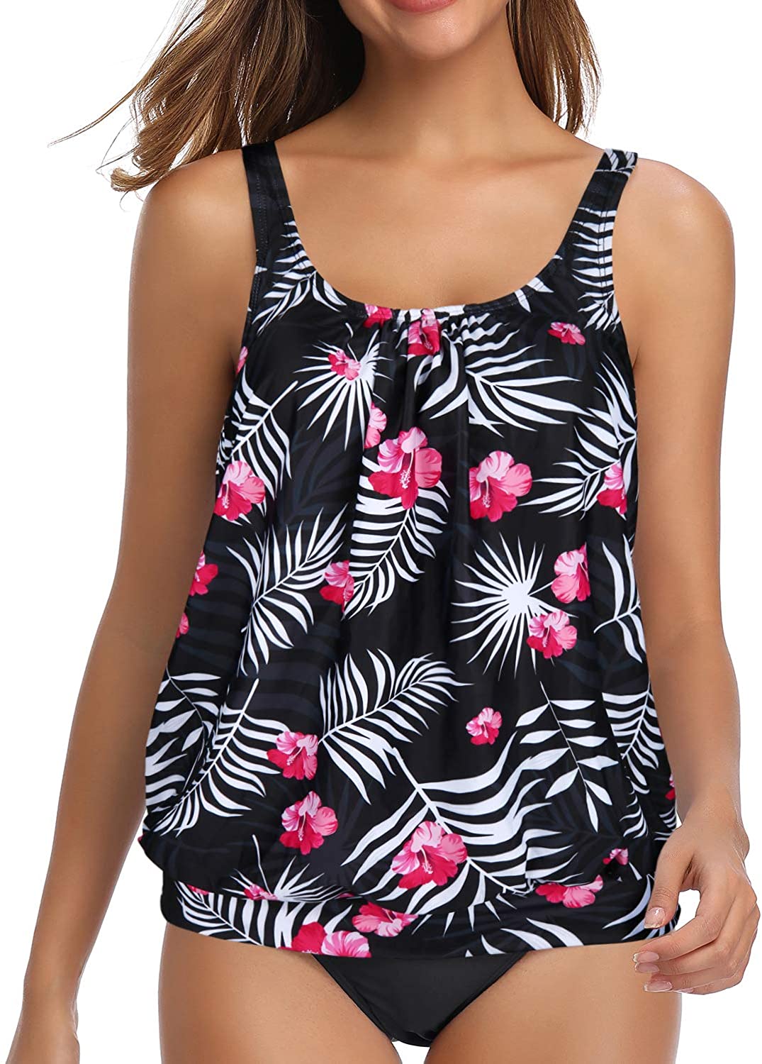 Yonique Blouson Tankini Swimsuits for Women Loose Fit Floral Printed ...