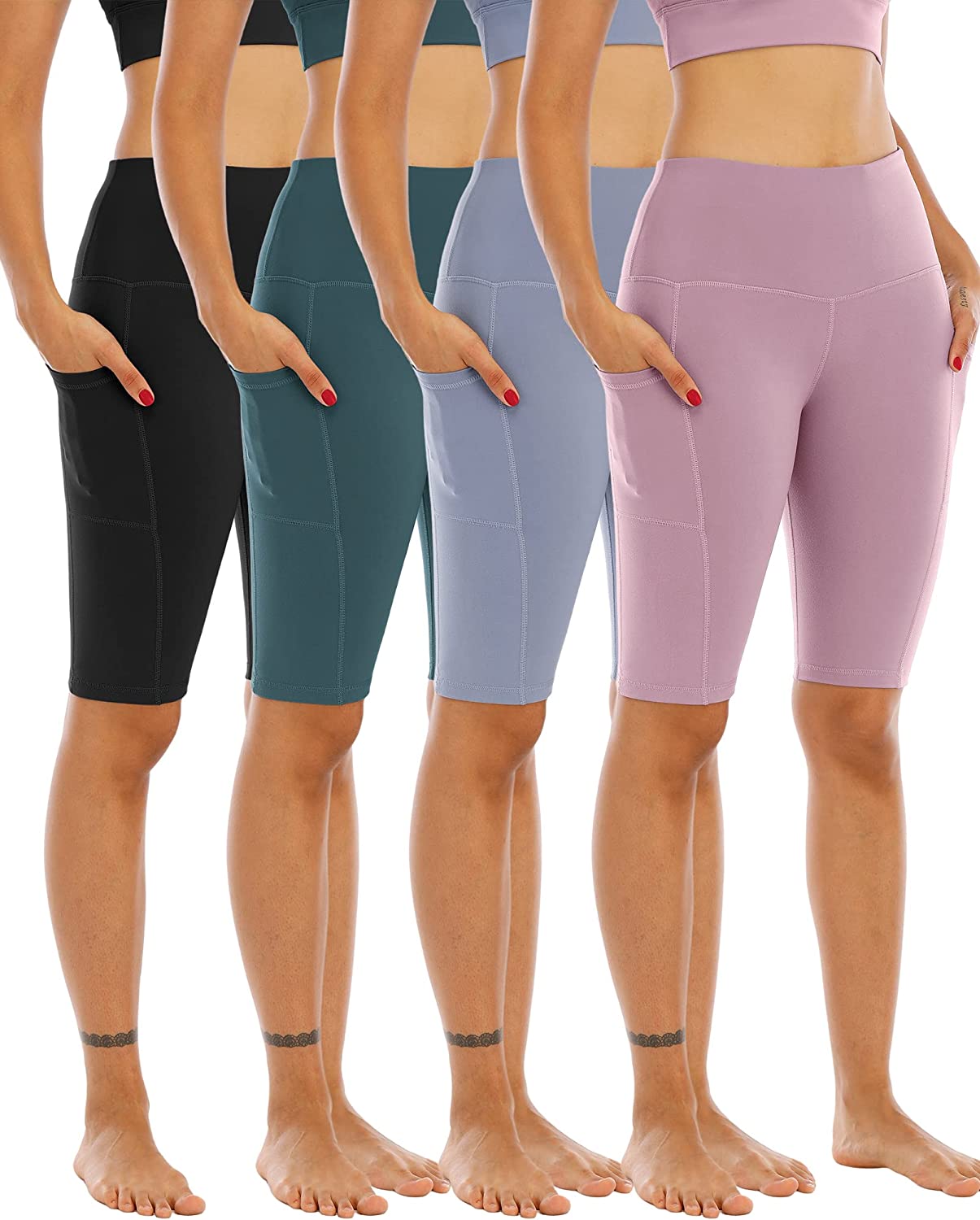 WHOUARE 4 Pack Biker Yoga Shorts with Pockets for Women, High