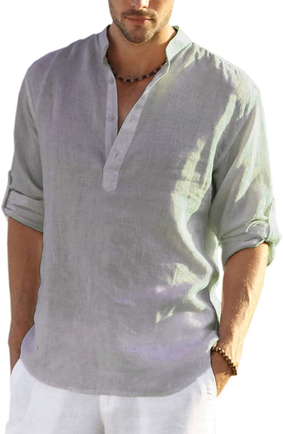 Becoler Store Henley Shirts for Men Cotton Linen Casual Short Sleeve Beach Shirts Tops 